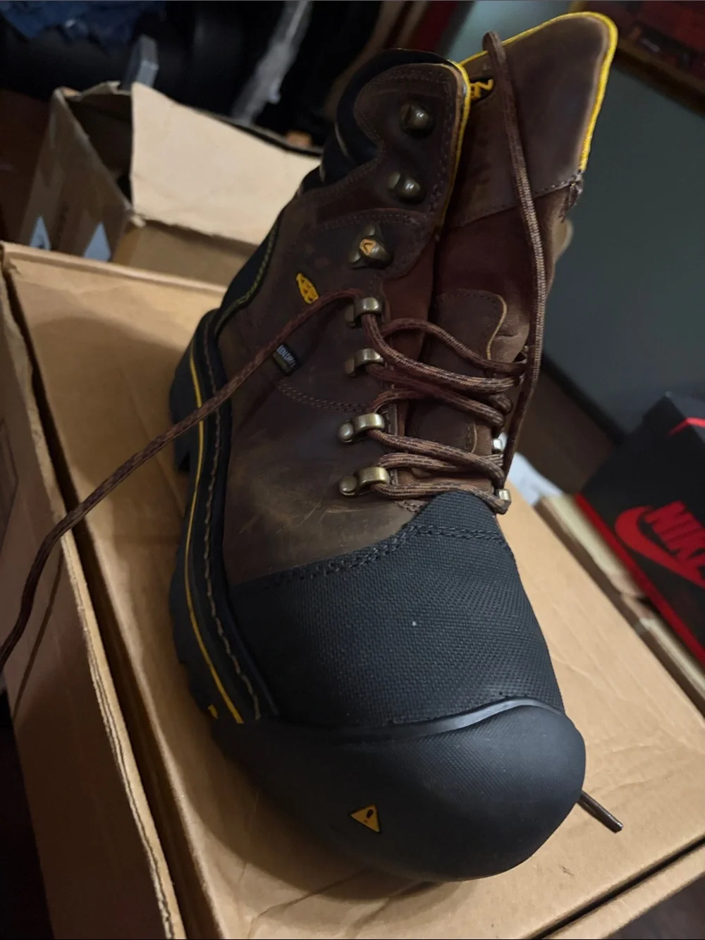 Keen Brown and Black Work Boot with Yellow Trim